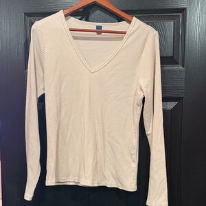 Old Navy Cream Ribbed V-Neck Long Sleeve Top